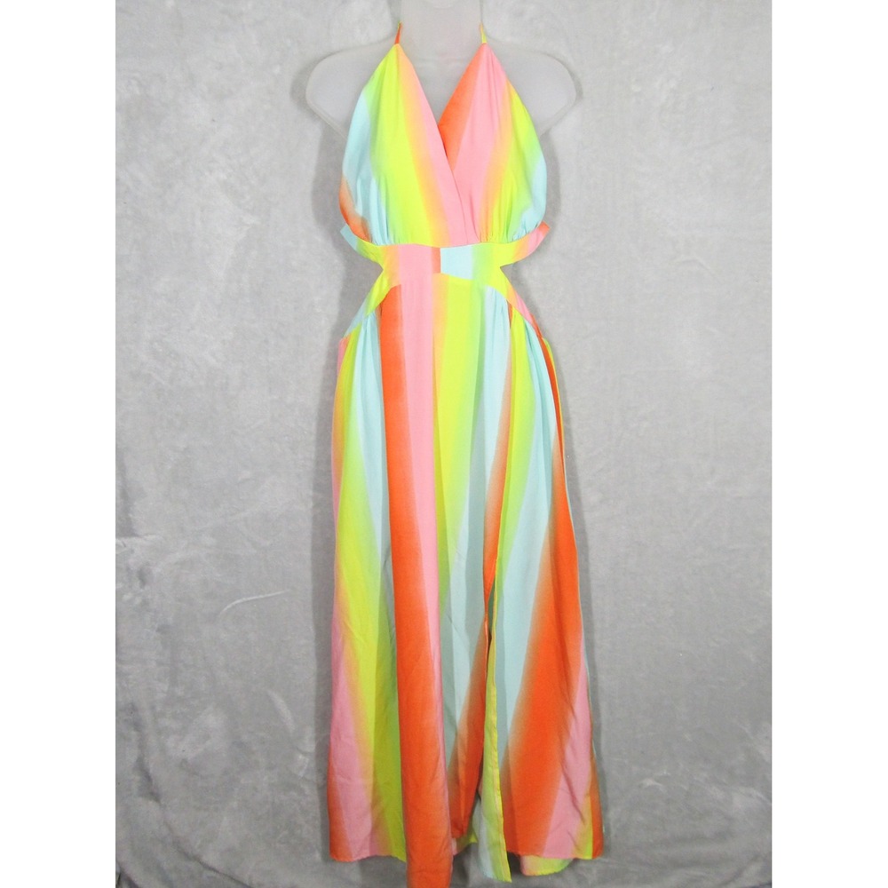 Suzanne Betro XL Maxi Dress Halter Cutout Tie Back Rainbow Stripe Multicolor